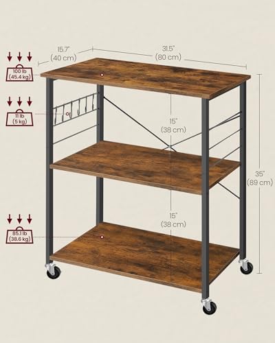 VASAGLE Kitchen Shelf on Wheels, 31.5 Inches Serving Cart with 3 Shelves