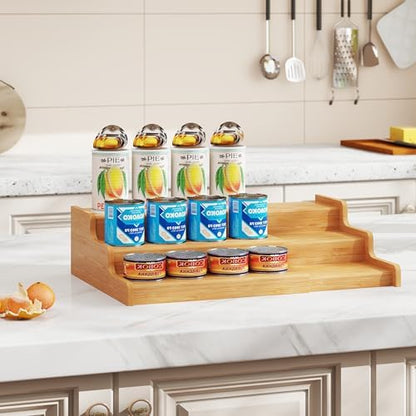 Expandable Bamboo Can Rack Organizer for Pantry, 3-Tier Adjustable Can Storage Holder, Soda Organizer Holds Up to 24 Cans, Canned goods Storage Display for Pantry, Cabinet, Countertop (patent pending)