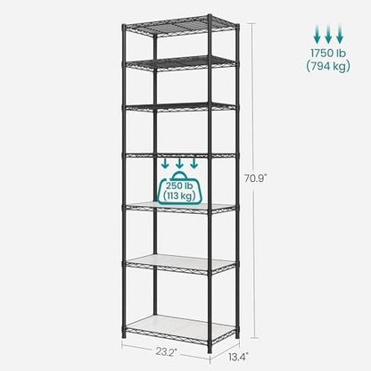 SONGMICS 7-Tier Storage Shelves, Adjustable Wire Shelving Unit, 8 Hooks