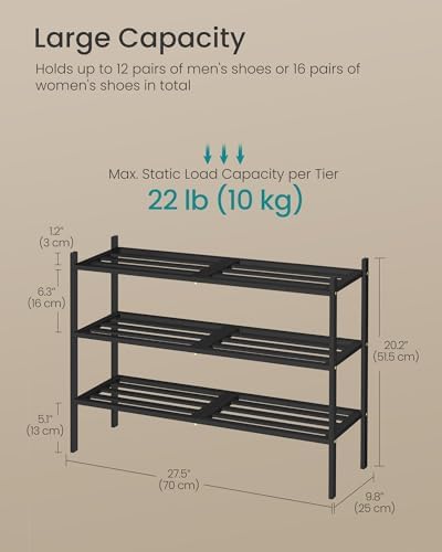 SONGMICS Bamboo Shoe Rack, 3-Tier Stackable Shoe Organizer, for 12-16 Pairs