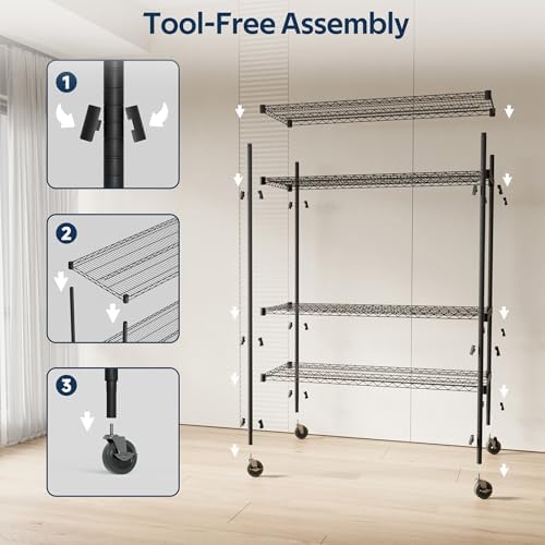 Whitmor 4 Tier Storage Shelves with Wheels, Heavy Duty Metal Shelving Unit, 625 lbs Capacity per Shelf, 2500 lbs Total for Kitchen, Garage, Plant, 55" L x 24" W x 72" H, Black