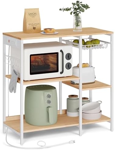 VASAGLE Kitchen Baker’s Rack, Steel Frame, Wire Basket, 6 Hooks