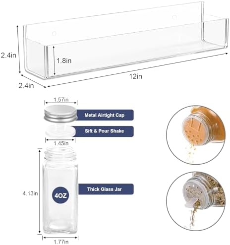 PMMASTO 2-Pack Clear Acrylic Self-Adhesive Spice Racks with 12 Empty Jars