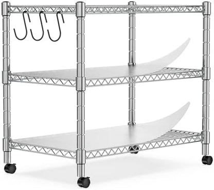 Heavy Duty 3-Shelf Shelving Unit, 24.02" W x 13.78" D x 21.97" H Chrome Steel Storage Rack with Wheels, 2 PP Shelf Liners and Hooks, Adjustable Under Desk Organizer for Kitchen, Office, Garage