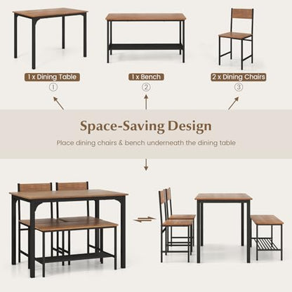 COSTWAY Dining Table Set for 4 w/Bench & 2 Chairs, Storage Racks, Brown