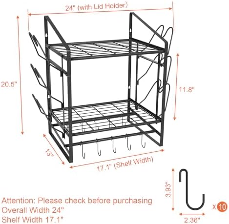 VyGrow 17 Inch Pot Rack Wall Mounted, 2 Tier Pots and Pans Organizer with 10 Hooks and 6 Pot Lid Holders, Heavy Duty Steel Pot and Pan Hanger for Kitchen Cookware Utensils Storage 24" Lx13 Wx20.5 H
