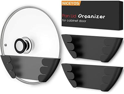 Universal Pot Lid Organizer for Cabinet - Upgraded Patented Niceyos 3 Pack Inside Cabinet Door Wall Mount Pan Top Storage Organizer Rack Holder for Kitchen, Fits 6" to 13" (Black)