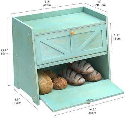 Trironsun Vintage Double Layer Bread Box for Kitchen Counter Bamboo Bread Storage Container Large Capacity Bread Storage Bin (Antique Blue)