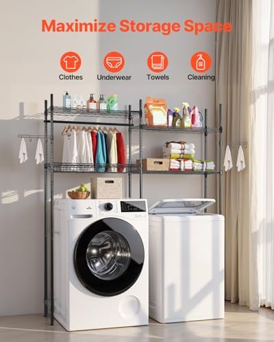 VEVOR Over the Washer and Dryer Storage Shelf, 4 Tier Laundry Room Drying Rack with Hanger Rod and Hooks, Adjustable Over Washer and Dryer Shelves, Laundry Room Shelf Storage Space Saver, Black