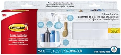 Command Bathroom Accessories, 5 Piece Bathroom Organizer Set - 1 Shower Caddy, 1 Soap Dish, 1 Toothbrush Holder, 2 Hooks with Water Resistant Strips