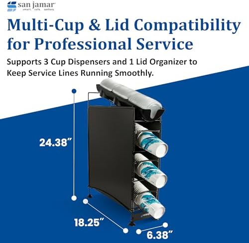 San Jamar C8504WFD Wireworks Cup Dispenser and Lid Organizer- 4-Tier- Holds 270 Cups- Metal- Black