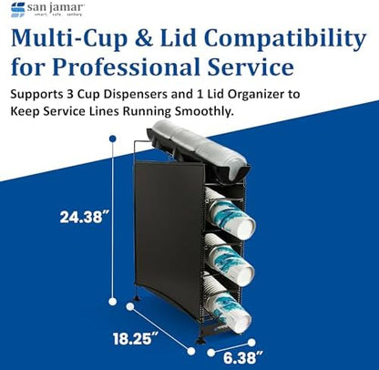 San Jamar C8504WFD Wireworks Cup Dispenser and Lid Organizer- 4-Tier- Holds 270 Cups- Metal- Black