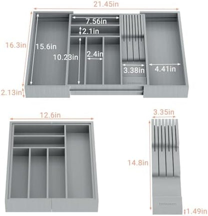 TIOPGHAD Expandable Bamboo Silverware Drawer Organizer Kitchen Tray, Grey