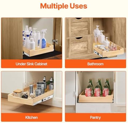 VEVOR Pull Out Cabinet Organizer, 14"W x 21"D Cabinet Drawer, Soft Close Slide out Shelf, Heavy-Duty Sliding Wood Drawer, Bottom Mount Size（14.5"W x 23"D）and Side Mount Size（15"W x 23"D）