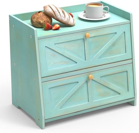 Trironsun Vintage Double Layer Bread Box for Kitchen Counter Bamboo Bread Storage Container Large Capacity Bread Storage Bin (Antique Blue)