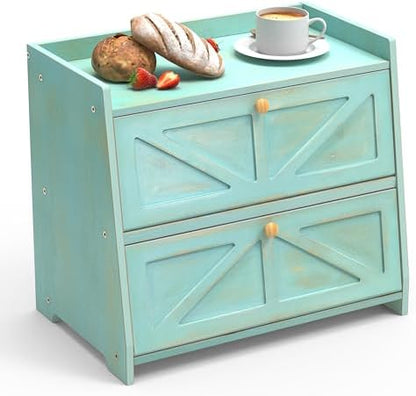Trironsun Vintage Double Layer Bread Box for Kitchen Counter Bamboo Bread Storage Container Large Capacity Bread Storage Bin (Antique Blue)