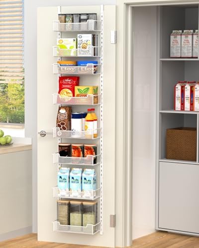 VyGrow 12.3" W Narrow Over the Door Pantry Organizer, 8-Tier Over the Door Organizer with Adjustable Basket, Pantry Door Organization for Pantry Kitchen Storage Room Spice Rack, White