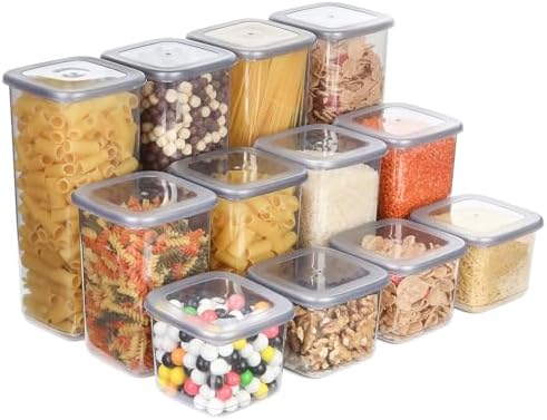 T&D HOME GOODS Storage Jars with Lid, Airtight, Set of 12 Storage Containers, BPA-Free, Storage Container for Cereal, Flour, Kitchen, Practical Organiser Kitchen, (12, 3 Square diff size)