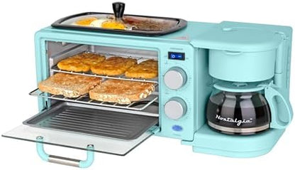 Nostalgia 3-in-1 Retro Breakfast Station - Includes 5 (4 Oz) Cup Coffee Maker, Non-Stick Ceramic Griddle, and 4-Slice Toaster Oven - Built-In Timer, Reusable Coffee Filter, Space-Saving Design - Aqua