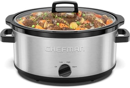Chefman Slow Cooker 7 Quart, Large Family Size Slow Cooker with Low, High & Warm Settings, Removable Ceramic Crock, Tempered Glass Lid, Dishwasher-Safe for Easy Cleanup, Stainless Steel