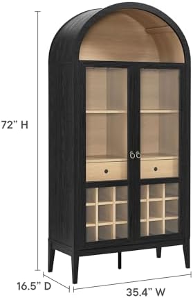 Modway Nolan Modern Farmhouse Arched Bar Cabinet in Black Wood Grain - 72 Inch Tall Wine Storage Cabinet with Glass Doors and Wine Rack - Large Liquor Cabinet for Dining or Living Room