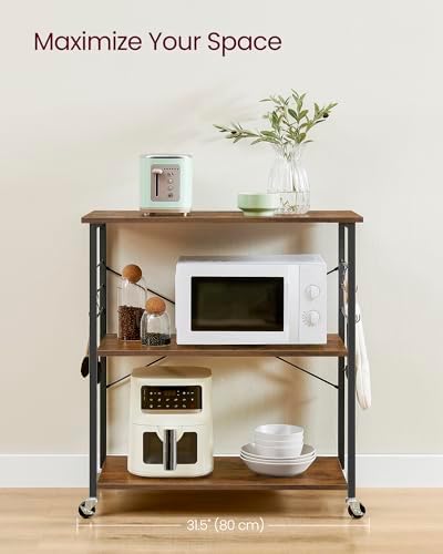 VASAGLE Kitchen Shelf on Wheels, 31.5 Inches Serving Cart with 3 Shelves