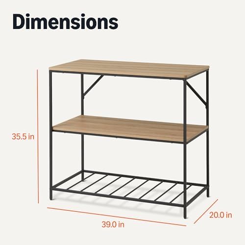 Amazon Basics Kitchen Island with 3 Storage Shelves, Black and Oak Effect, Melamine Surface, Adjustable Feet