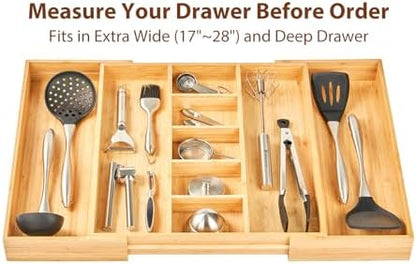 Umilife Extra Large Expandable Kitchen Drawer Organizer for Utensil and Junk, 19" Deep for Big Drawer, 17" to 28" Adjustable Bamboo Wood Drawer Divider, Cutlery Tray, Flatware Holder