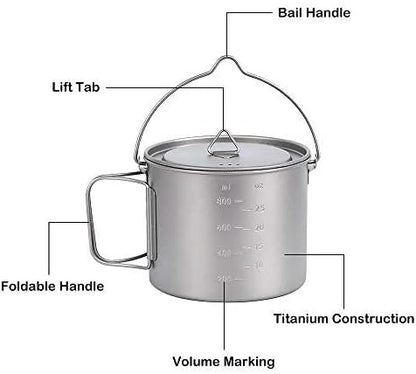 Lixada 1100ml/2800ml Titanium Pot Ultralight Portable Hanging Pot with Lid and Foldable Handle Outdoor Camping Hiking Backpacking