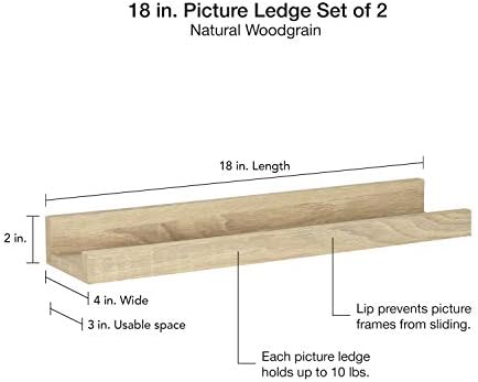 MCS Picture Ledge Shelf, Room Decor Floating Shelf, Natural Woodgrain, 18 Inch, Set of 2