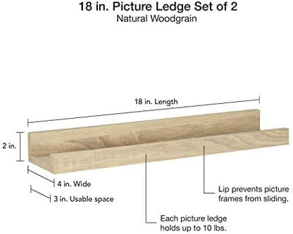 MCS Picture Ledge Shelf, Room Decor Floating Shelf, Natural Woodgrain, 18 Inch, Set of 2