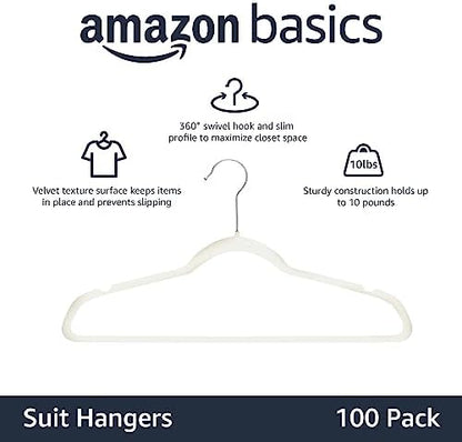 Amazon Basics Slim Velvet Non-Slip Space Saving Suit Clothes Hangers for Closet Organization, Ivory/Beige, 100-Pack
