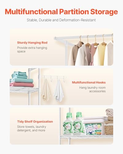 VEVOR Over the Washer and Dryer Storage Shelf, 3 Tier Laundry Room Drying Rack with Hanger Rod and Hooks, Adjustable Over Washer and Dryer Shelves, Laundry Room Shelf Storage Space Saver, White