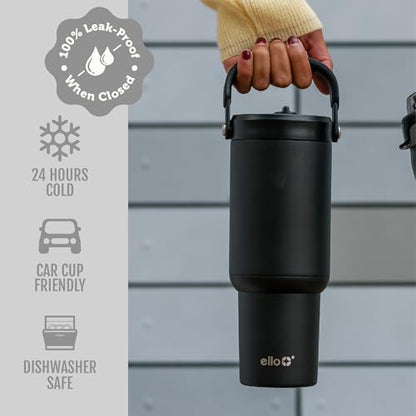 Ello Oasis Go+ 26oz Insulated Stainless Steel Tumbler with Straw, Black