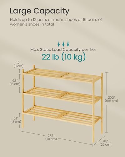 SONGMICS Bamboo Shoe Rack, 3-Tier Stackable Shoe Organizer, for 12-16 Pairs