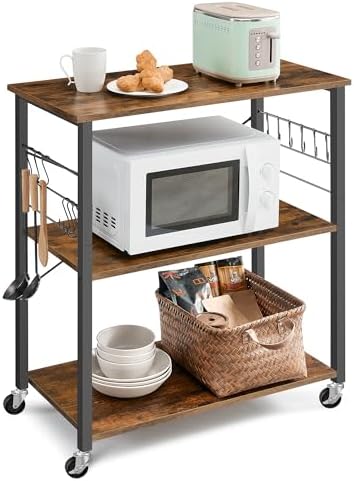 VASAGLE Kitchen Shelf on Wheels, 31.5 Inches Serving Cart with 3 Shelves