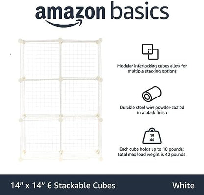 Amazon Basics 6 Cube Wire Grid Storage Organizer, Stackable Storage Cubes, Modular Closet Organizer Shelves, 14.6" D x 30.3" W x 44.8" H, White