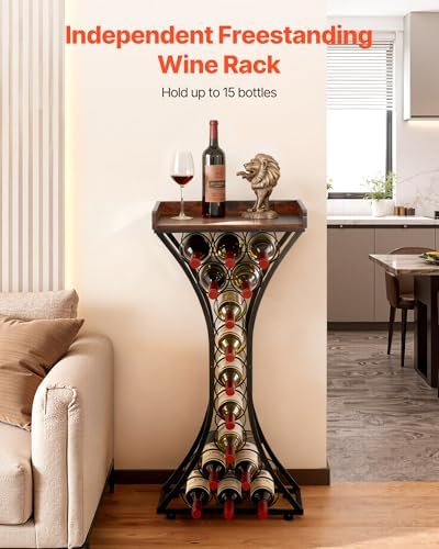 VEVOR 15 Bottle Wine Rack,Iron Freestanding Floor Wine Holder, Mini Bar Stand Liquor Cabinet with Wood Tabletop, for Home Bar,Kitchen,Living Room,Dining Room,16.9''L X 11.4''W X 35.2''H