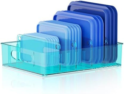 LYNG Lid Organizers Inside Cabinet, Clear Plastic Storage Lid Organizer With 4 Adjustable Dividers, Food Container Lid Organizer For Kitchen Pantry Blue