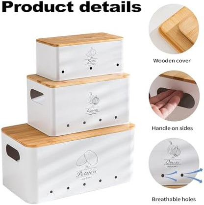 Metal Potato Onion Garlic Storage Tin Set of 3, White