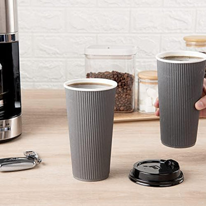 Restaurantware Ripple Wall Coffee Cups 10 Count 20 Ounce Insulated Gray Paper Cups, Rolled Rim Spill-Resistant Disposable Paper Non-Slip for Coffee, Beverages