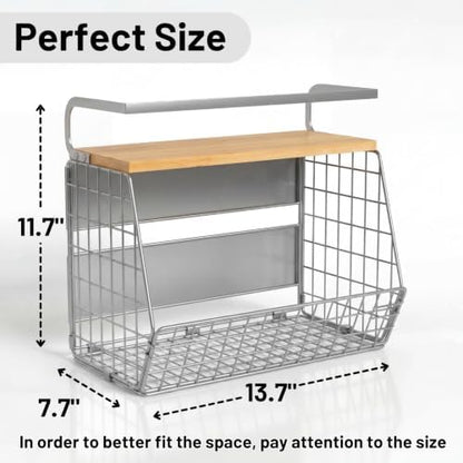 Ofiray-home Magnetic Fridge Shelf with Wood Lid, Fruit Potato Onion Storage Bins, Pantry Organizers, Large Container Spice Rack for Refrigerator, Kitchen Counter, Cabinet (1, Silver)