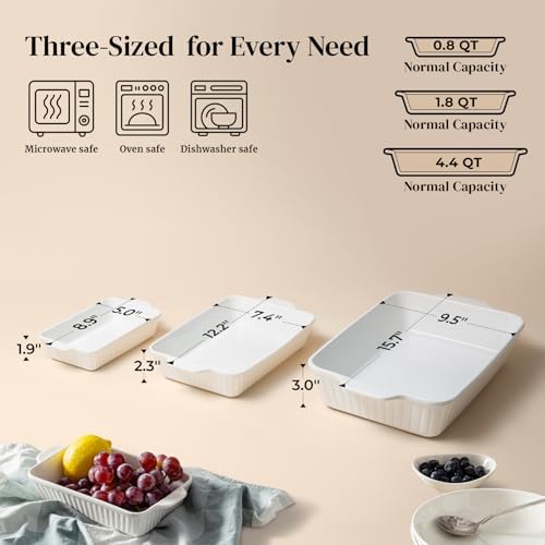 DOWAN Casserole Dishes for Oven, Baking Dishes Set, Ceramic Bakeware Sets of 3, Lasagna Pan Deep, Rectangular Baking Pan Set with Handles for Baking, Casserole, Kitchen, Wedding Gift, Soft White (15.6''/12.2''/8.9'')