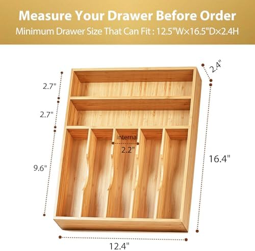 Umilife Kitchen Drawer Organizer, 12.5 Inch Silverware Utensil Tray Holder, Extra Deep, with Non-Slip Feet & Grooved Drawer Divider, 7 Slots Total Bamboo Wood Caddy for Flatware Cutlery Knives