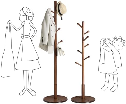 VASAGLE Solid Wood Coat Rack, Free Standing, 8 Hooks, 3 Height Options