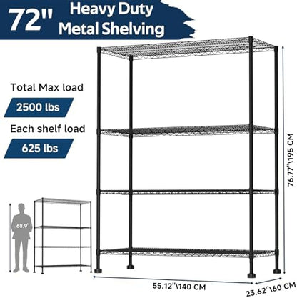 Whitmor 4 Tier Storage Shelves with Wheels, Heavy Duty Metal Shelving Unit, 625 lbs Capacity per Shelf, 2500 lbs Total for Kitchen, Garage, Plant, 55" L x 24" W x 72" H, Black
