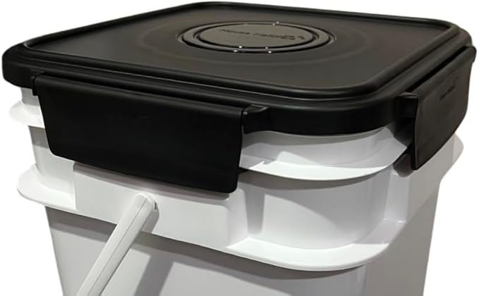 House Naturals 4 Gallon Square Food Grade Bucket Pail with Plastic Handles and Lid (Pack of 3) Made in USA containers (White - Black lids)
