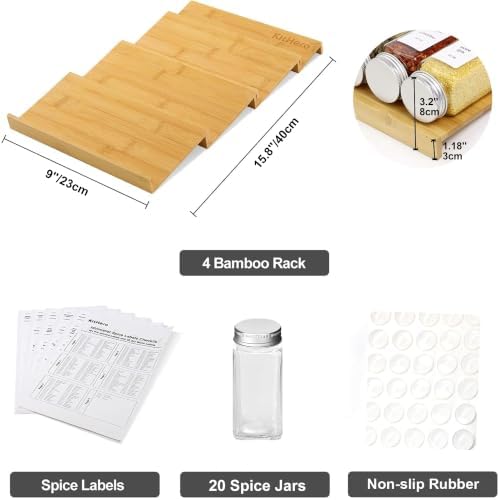 Spice Drawer Organizer with 20 Spice Jars,216 Labels,50 Non-slip Rubber, Bamboo 4 Tier Seasoning Rack Tray Insert for Kitchen Drawers,Cabinets,Countertop,9" Wide x 15.8" Deep
