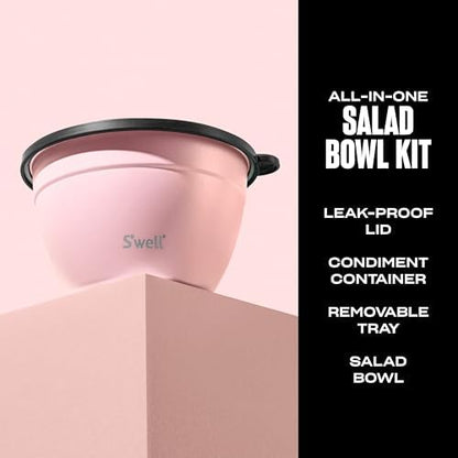 S’well Stainless Steel 64oz Salad Bowl Kit, Pink Topaz Color, Comes with 2oz Mini Canister and Removable Tray for Organization, Leakproof and Dishwasher Safe