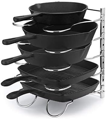 CAXXA Heavy Duty Pan Rack, Pot Lid Rack, Kitchen Cabinet Pantry Cookware Organizer Rack Holder with 5 Adjustable Dividers, Chrome